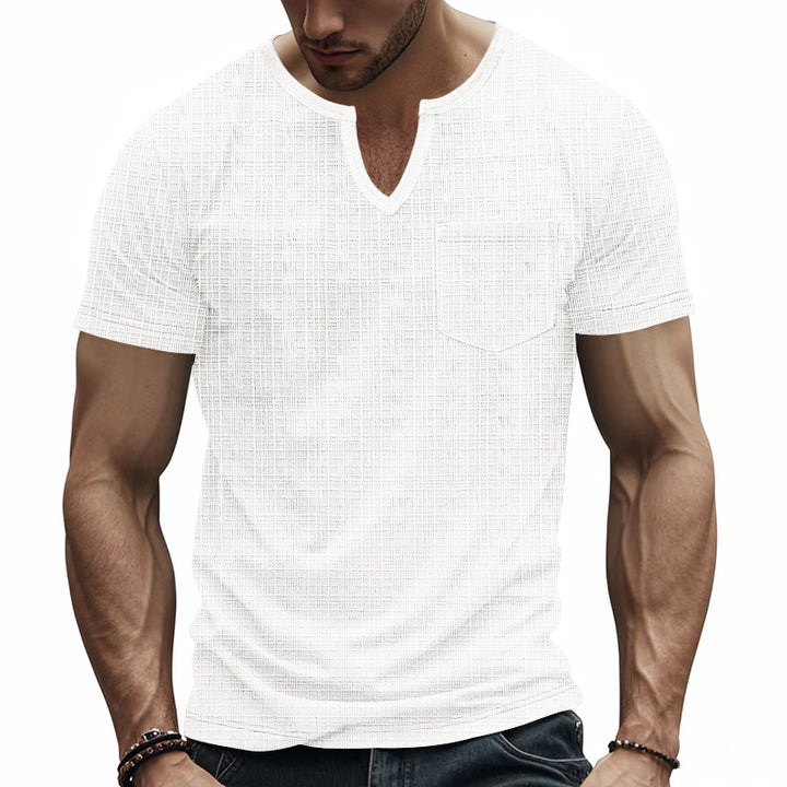 Herren nan Kurzarmshirt mit geschlitztem V-Ausschnitt strukturierter Leinenoptik und aufgesetzter Brusttasche Echo Archiv