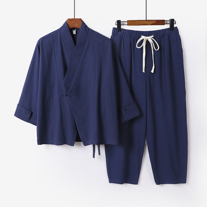 Herren Atmungsaktives Leinen-Baumwoll Lounge-Set mit asymmetrischem V-Kragen und elastischer Kordelhose Echoarchiv