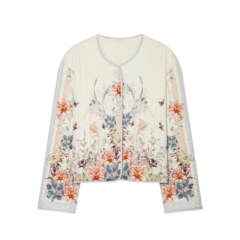 Damen gesteppte Blumen-Cardiganjacke mit Rundhals, leichter Wattierung und durchgehender Druckknopfleiste – Célinea