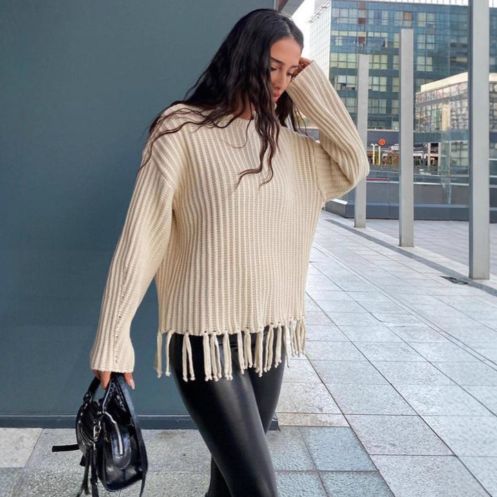 Damen lässiger Rippstrick-Pullover mit Fransen-Saum und Oversize-Silhouette – Mavelle