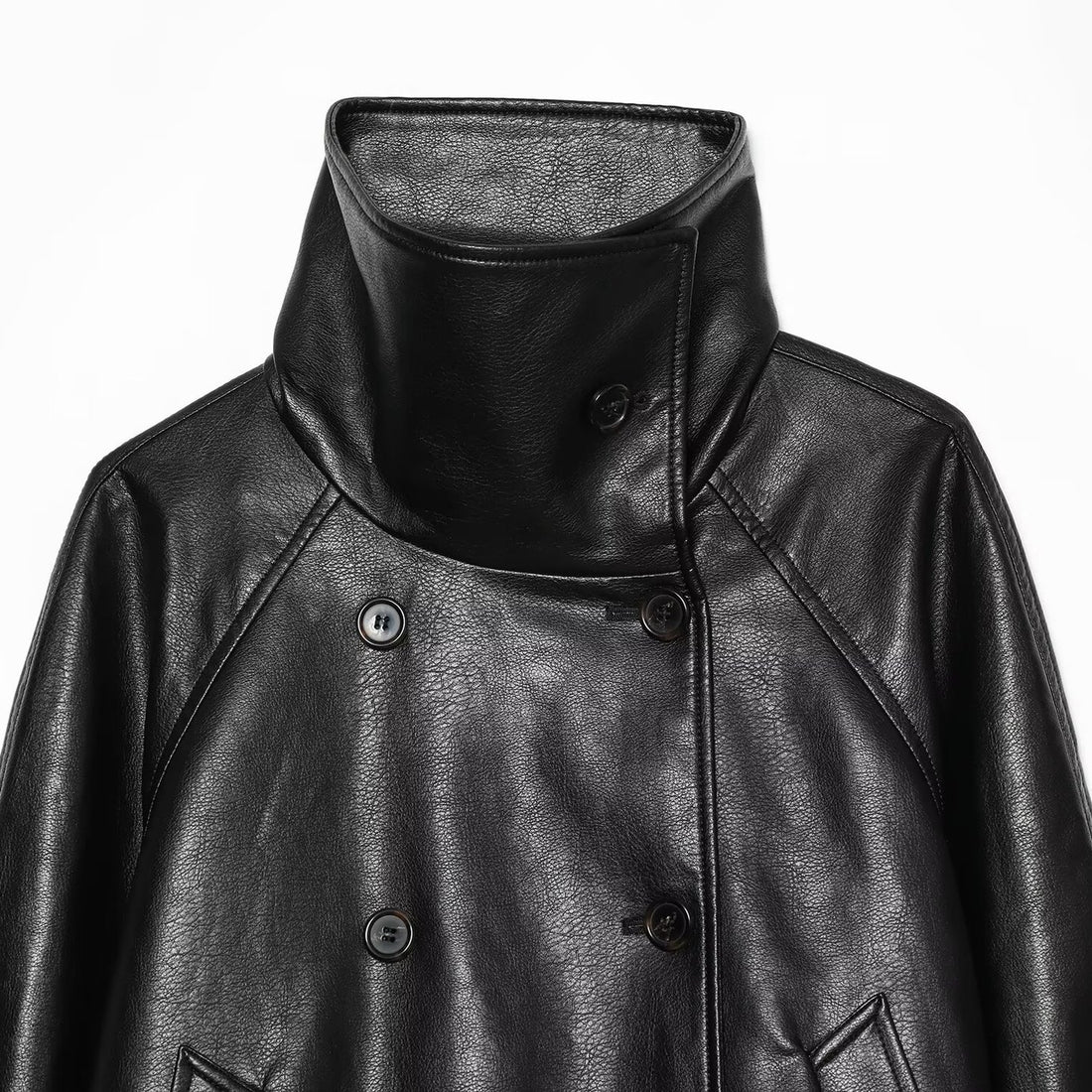 Damen Kurze Lederimitat-Jacke mit hohem Stehkragen, Doppelreihe und Kordelzugbund Echoarchiv