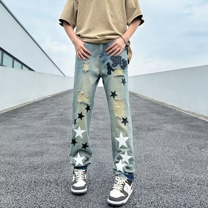 Herren Lässige Distressed Jeans mit Sternenapplikationen Echoarchiv