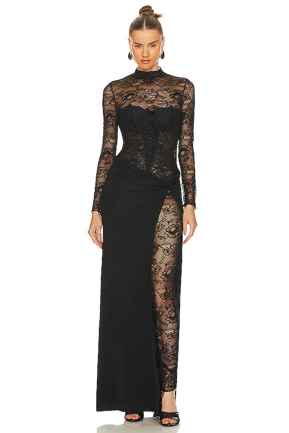 Damen Lange Spitze Kleid mit transparenten Einsätzen und elegantem Schlitz Echo Archiv