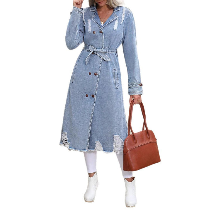 Damen Langer Denim-Trenchcoat mit Distressed-Saum und Doppelreihiger Knopfleiste Echo Archiv
