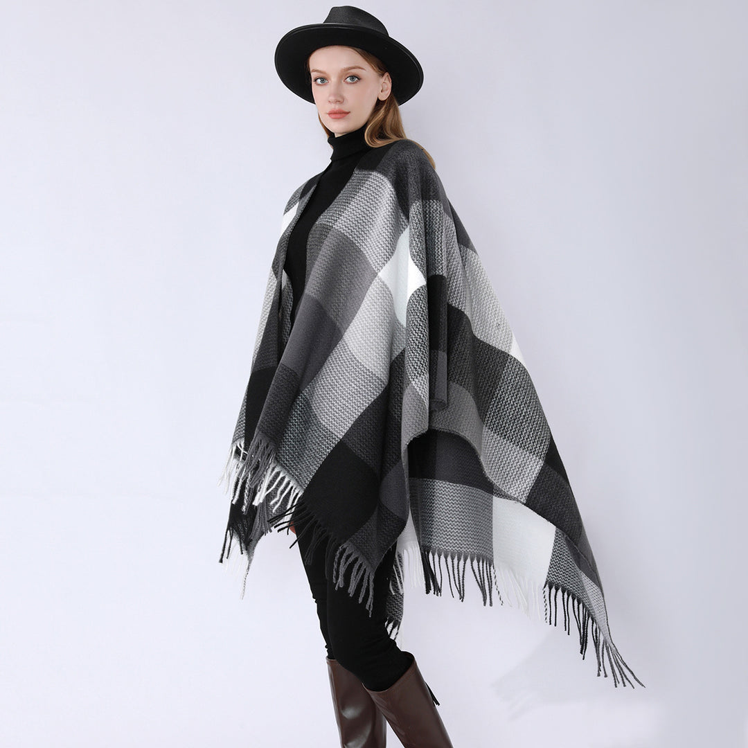 Damen Weichfallender Oversize-Poncho im Plaid-Webmuster mit V-Kragen und Fransensaum Echo Archiv