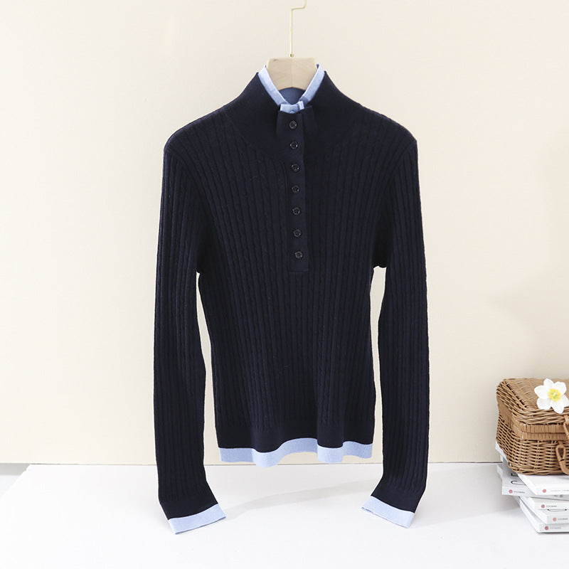 Damen Feinstrick-Polo-Pullover mit Rippstruktur, Stehkragen und Knopfleiste Echo Archiv