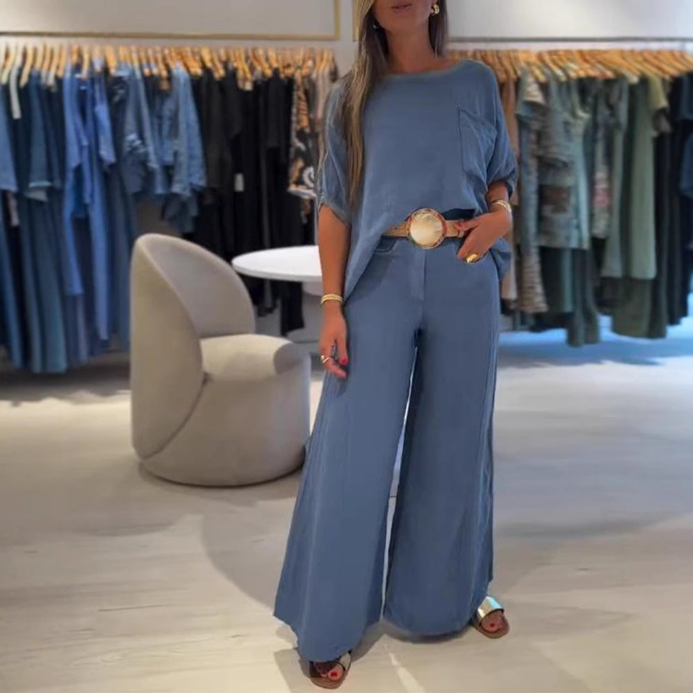 Damen nan lässiges Leinenmix-Zweiteiler mit kastigem Oversize-Top, aufgesetzter Brusttasche und weitem Palazzo-Hosenbein Echo Archiv