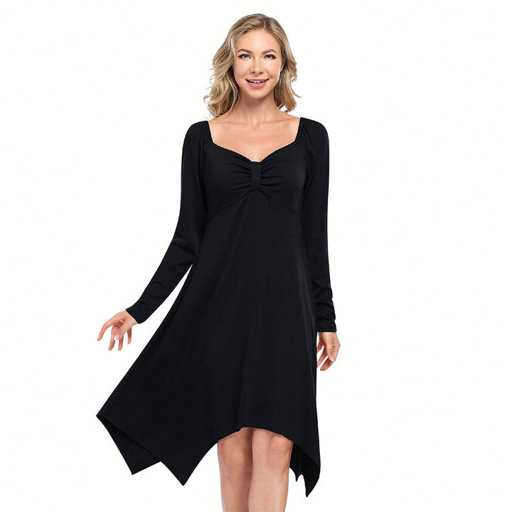 Damen asymmetrisches Longsleeve-Kleid mit gerafftem Bustier, Empire‑Naht und Zipfelsaum – Valéora