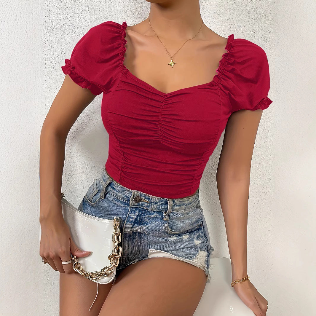 Damen figurbetontes Crop-Top mit Puffärmeln und Raffung Echo Archiv
