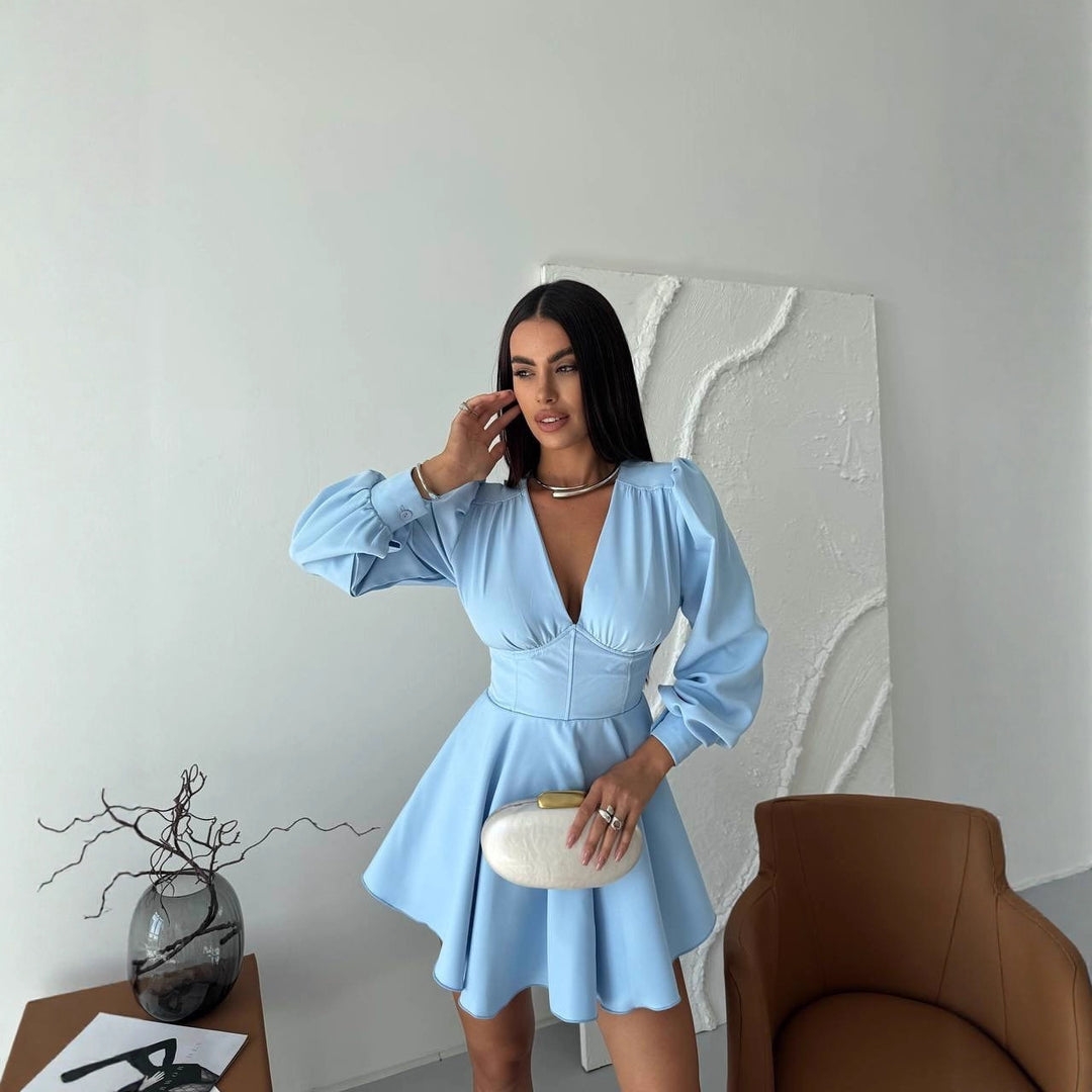 Damen Korsett-Detail Mini-Kleid mit Puffärmeln und ausgestelltem Rock Echoarchiv