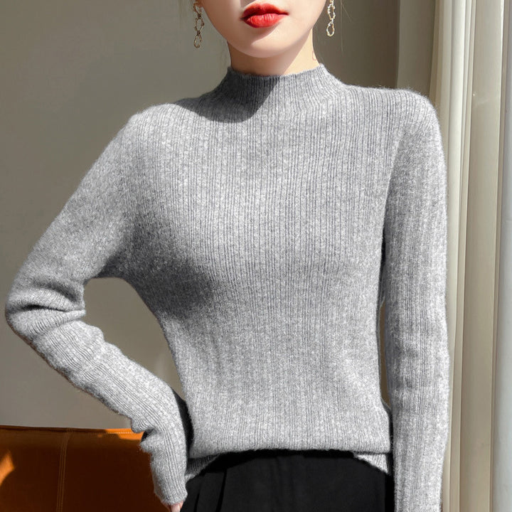 Damen Schmal geschnittener Feinstrick-Pullover mit kurzem Stehkragen und feiner Rippenstruktur Echoarchiv