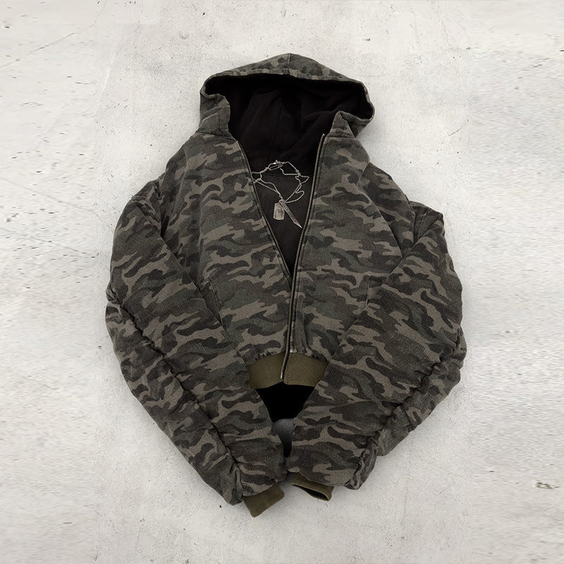 Herren nan kurz geschnittene Camouflage Kapuzenjacke im Bomberstil mit Teddyfutter und Zweiwege-Reißverschluss Echo Archiv