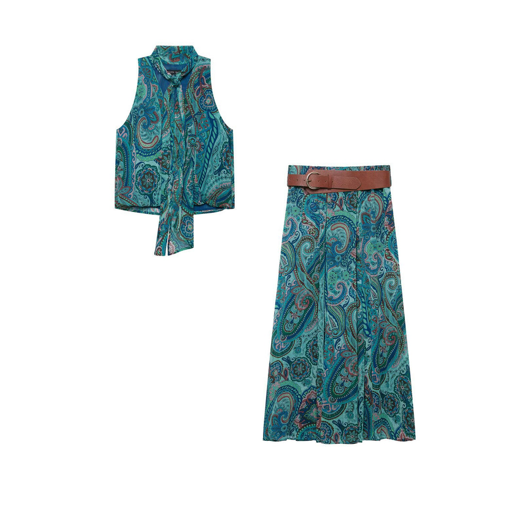 Damen Maxirock mit Paisley-Print, leichtem Fall, Plissee-Details und Taillengürtel Echo Archiv