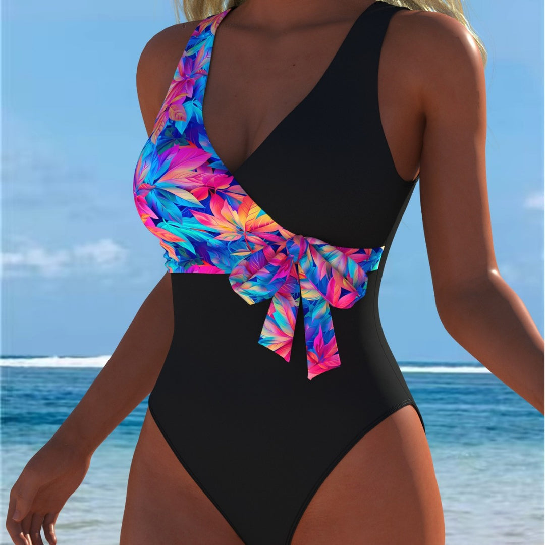 Damen Einteiler Badeanzug mit femininem Wickeldetail und auffälligem Floral-Design Echo Archiv
