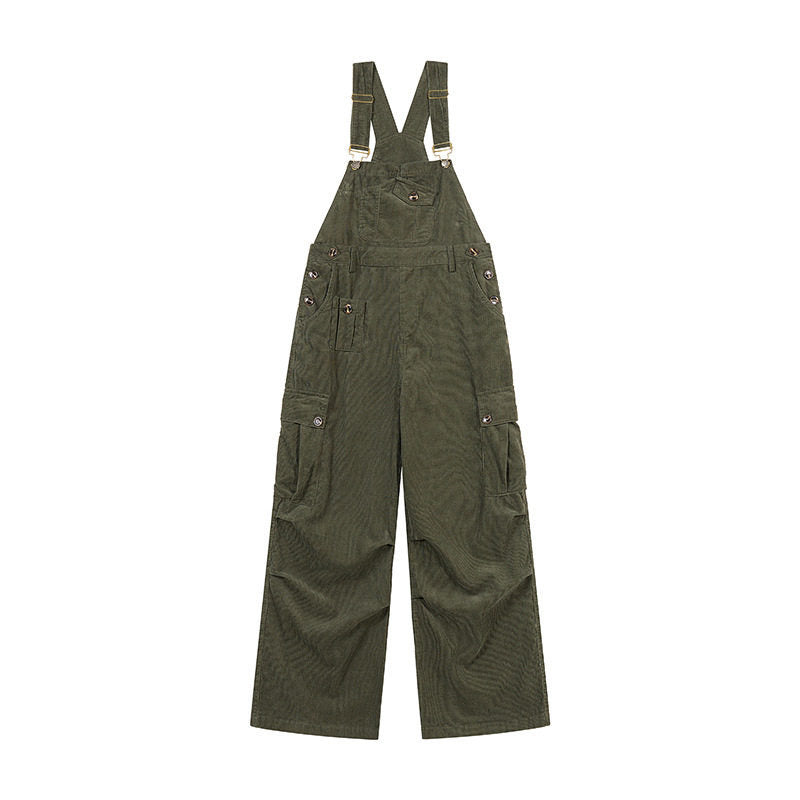 Damen Lässige Cord-Latzhose mit weitem Bein, Cargo-Taschen und verstellbaren Trägern Echoarchiv
