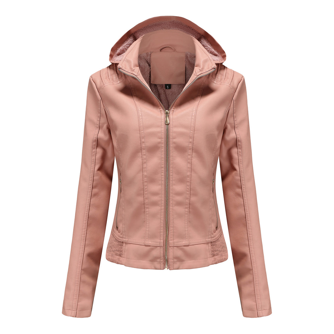 Damen taillierte Kunstlederjacke mit Kapuze, wattiertem Innenfutter und verdeckten Reißverschlusstaschen – Célinea