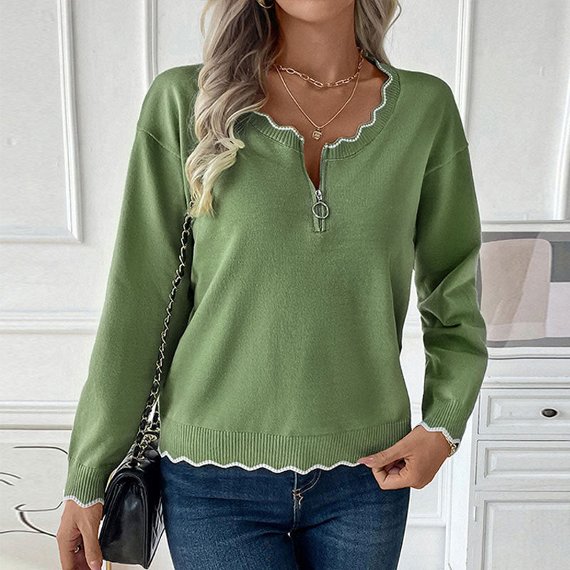 Damen Feinstrick-Pullover mit Reißverschluss-Kragen und gewellter Kontrastkante Echoarchiv