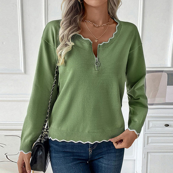 Damen Feinstrick-Pullover mit Reißverschluss-Kragen und gewellter Kontrastkante Echoarchiv