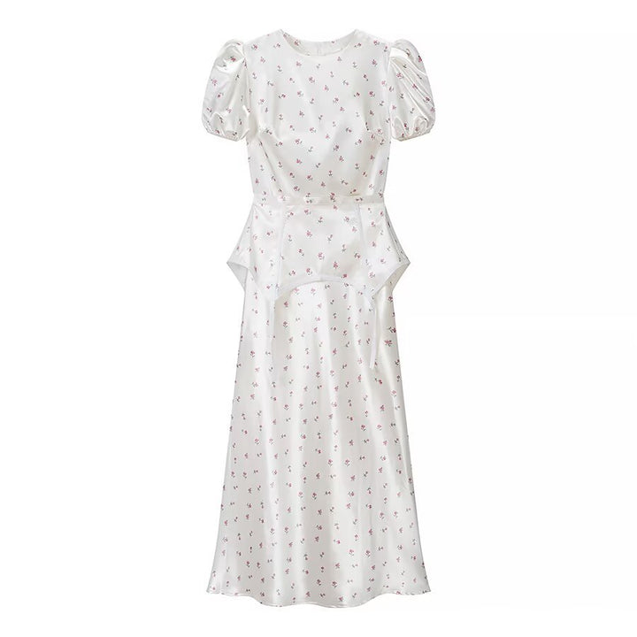 Damen Midikleid aus Satin mit Puffärmeln, integrierter Korsagen-Peplum und zartem Blumenprint Echo Archiv