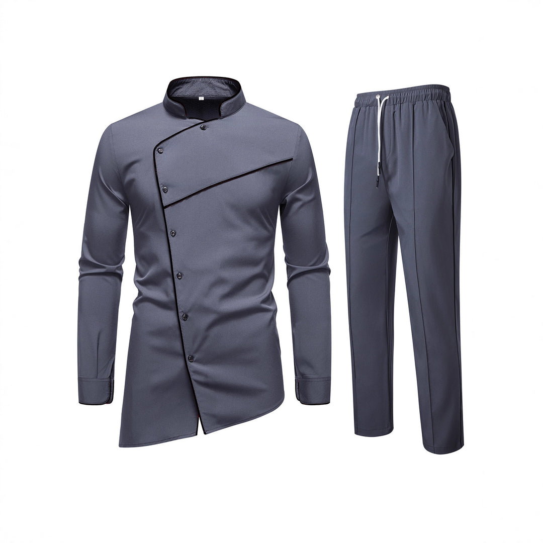 Herren Kochjacke- und Hose-Set aus pflegeleichtem Mikrofaser mit asymmetrischer Knopfleiste und schwarzer Paspelierung Echo Archiv