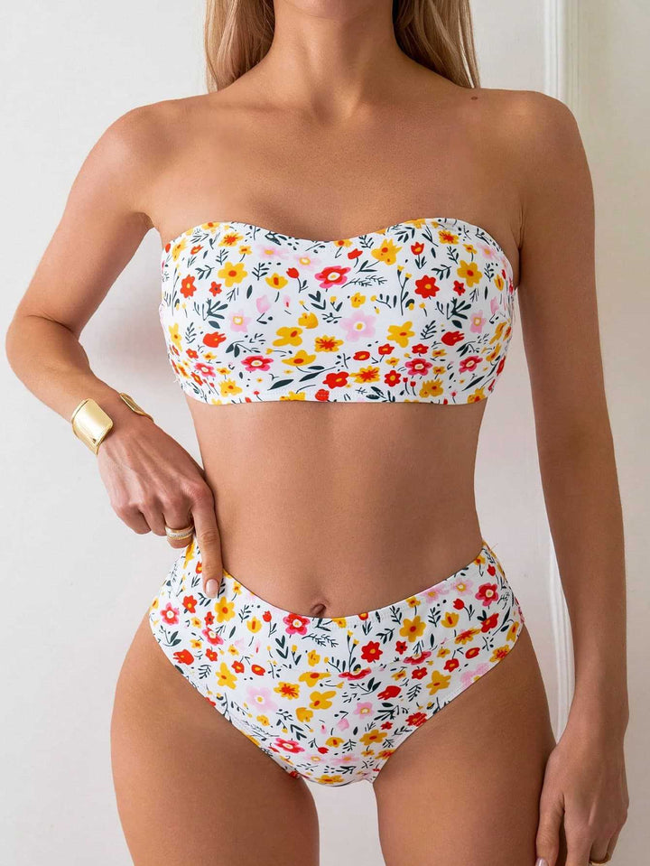Damen Bandeau-Bikini mit hoch geschnittenem Unterteil und floralem Print Echo Archiv