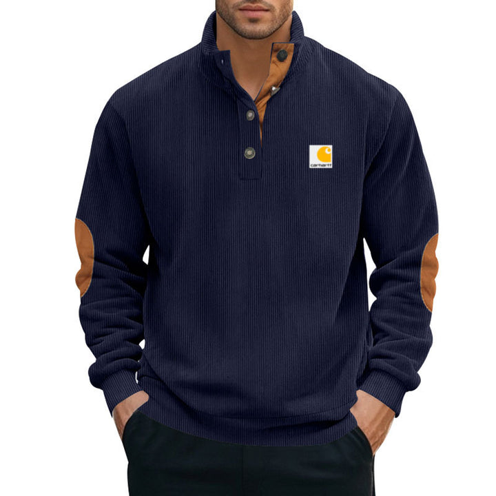 Herren nan Strickpullover im Troyer-Stil mit Stehkragen Lederbesatz Druckknopfleiste und Ellbogen-Patches Echo Archiv