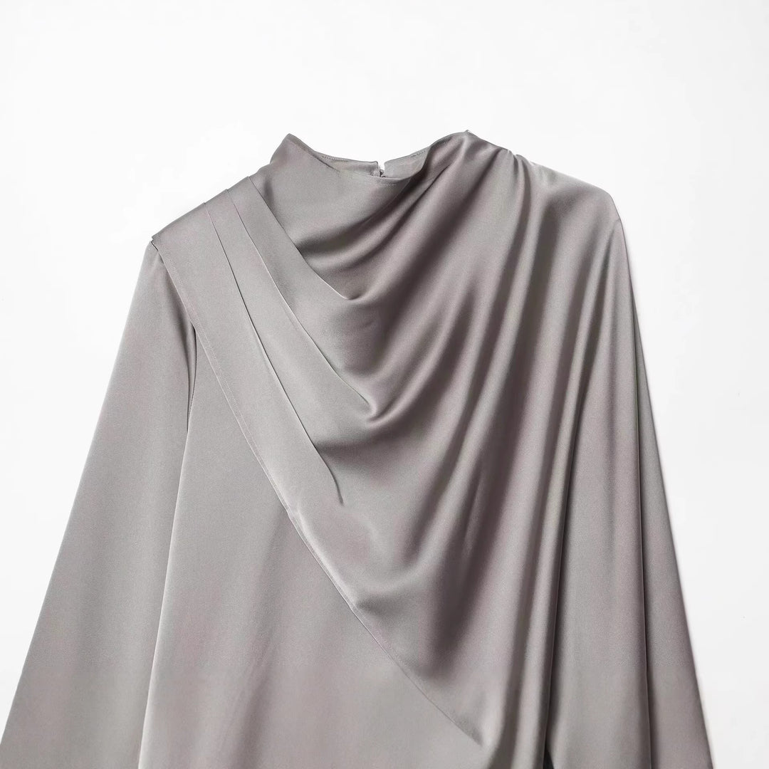 Damen Asymmetrische drapierte Satinbluse mit Wasserfallkragen Echoarchiv