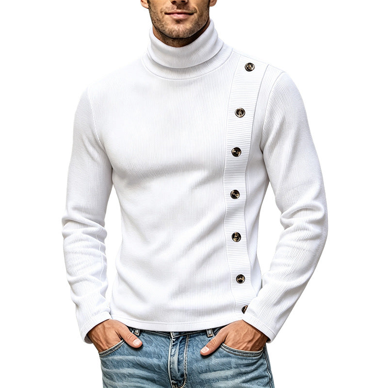 Herren Slim-Fit Rollkragenpullover mit asymmetrischer Zierknopfleiste aus Rippstrick Echoarchiv
