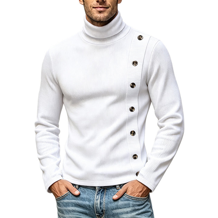 Herren Slim-Fit Rollkragenpullover mit asymmetrischer Zierknopfleiste aus Rippstrick Echoarchiv