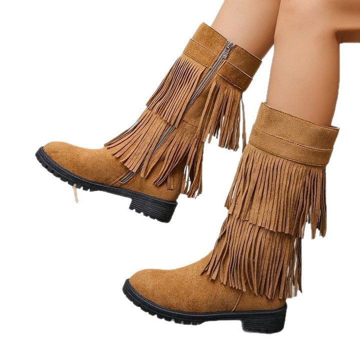 Damen Mid‑Calf Fransenstiefel aus Veloursimitat mit mehrlagigen Fransen und profilierter Gummisohle Echo Archiv