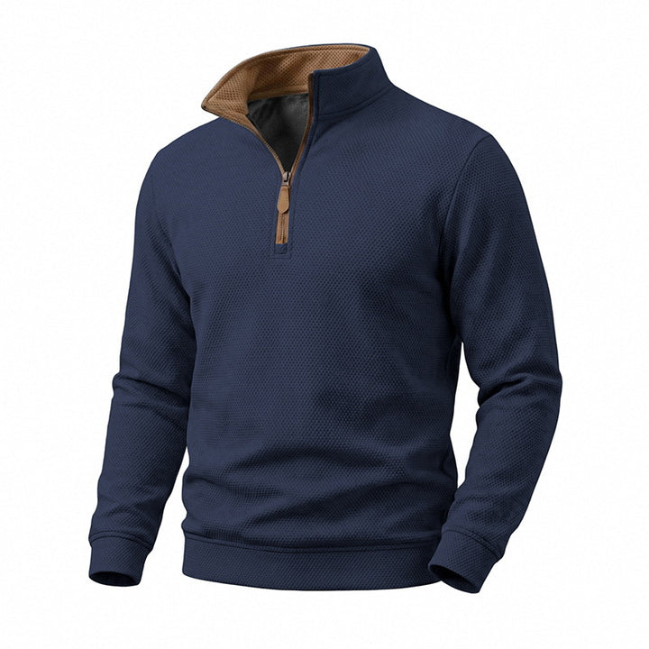Herren Waffelstruktur-Halbzip-Sweatshirt mit Stehkragen, Kontrastfutter und Lederzipper Echoarchiv