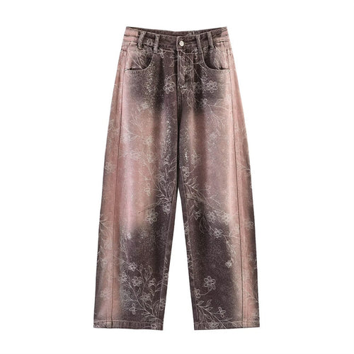 Damen High‑Waist-Jeanshose mit weitem Bein, floraler Vintage‑Print und Five‑Pocket-Schnitt Echo Archiv