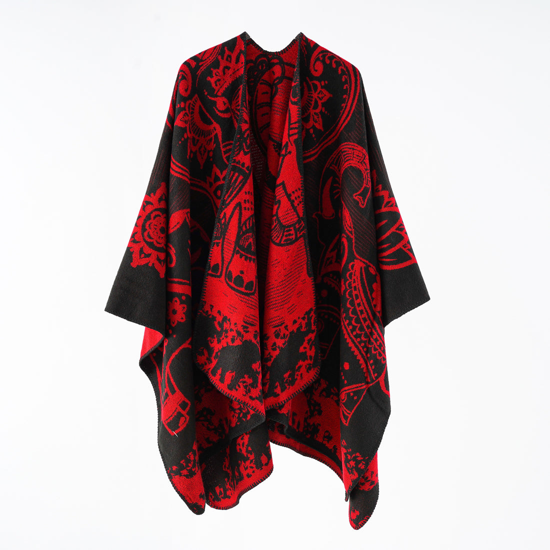 Damen Jacquard-Überwurfponcho mit doppelseitiger Webstruktur und Zierstichkante – Célinea