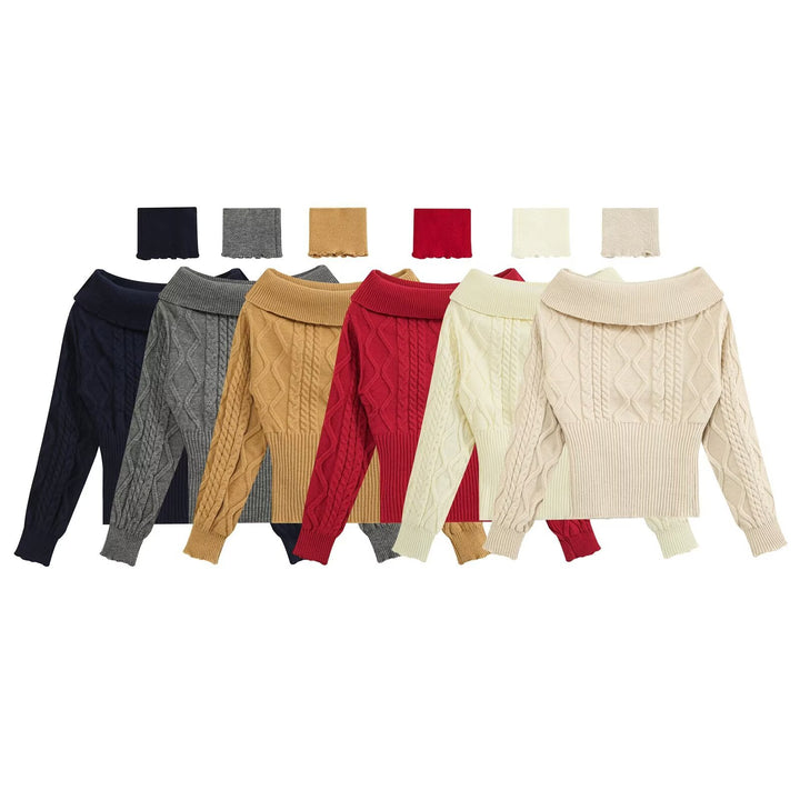 Damen Schulterfreier Zopfmuster-Pullover mit weitem Umschlagkragen Echo Archiv