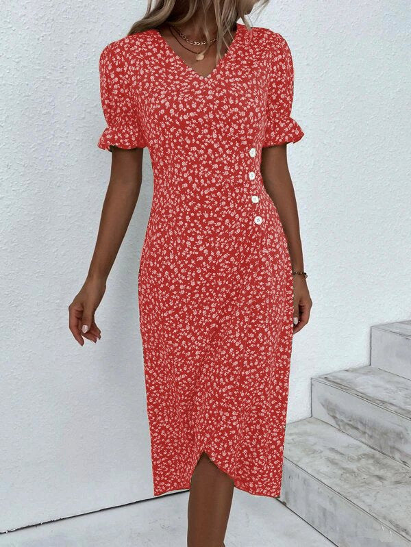 Damen Midikleid mit floralen Mustern und schmeichelndem V-Ausschnitt Echo Archiv