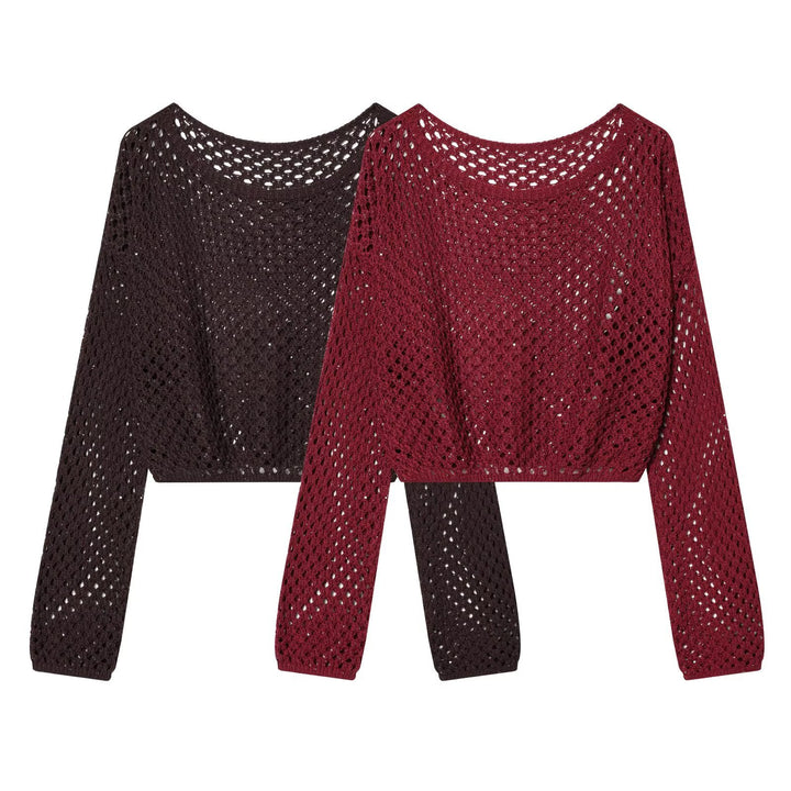 Damen Kurzgeschnittener Häkelpullover mit Lochmuster und weitem Ausschnitt Echo Archiv