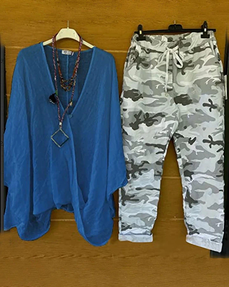 Damen nan Zweiteiler aus fließendem Kimono-Top und Camouflage-Jogginghose Echo Archiv