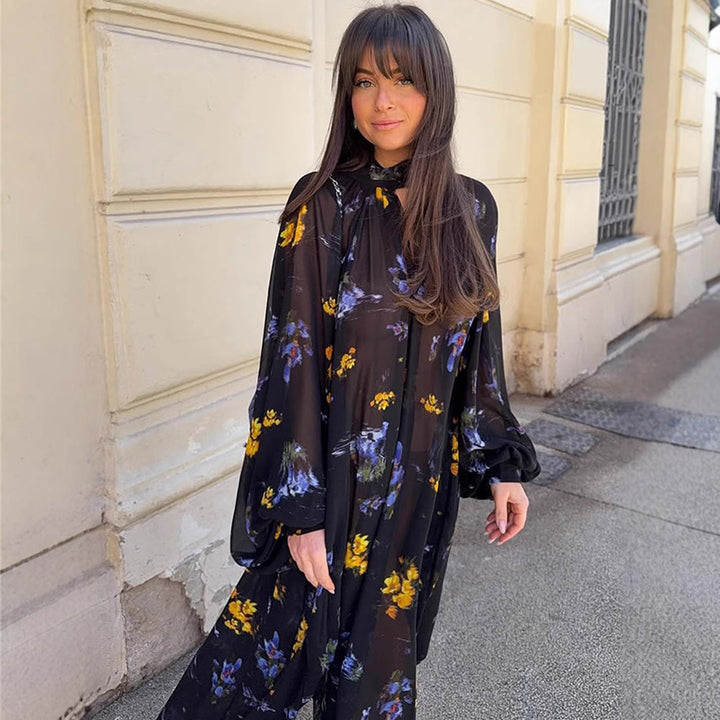 Damen Chiffon-Maxikleid mit Stehkragen, Keyhole-Ausschnitt & voluminösen Ballonärmeln Echoarchiv