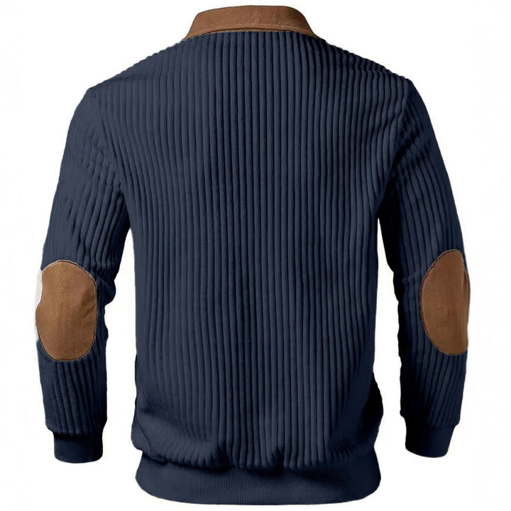 Herren nan gerippter Halbzip-Pullover mit kontrastierenden Lederapplikationen an Schultern und Ellenbogen Echo Archiv