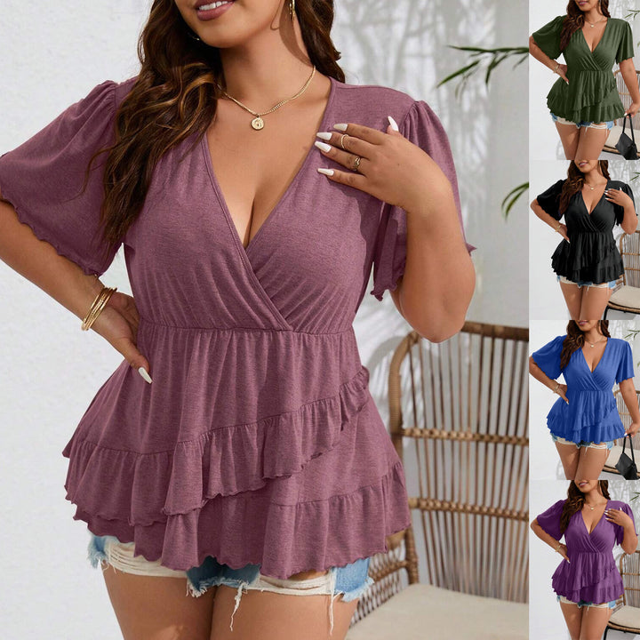 Damen Wickelshirt mit V-Ausschnitt, geraffter Taille und gestuften Volants Echo Archiv