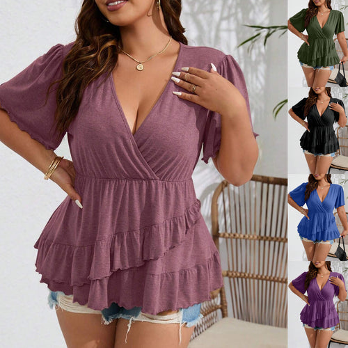 Damen Wickelshirt mit V-Ausschnitt, geraffter Taille und gestuften Volants Echo Archiv