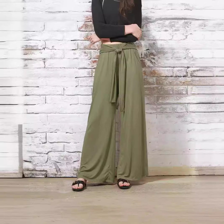 Damen Hochtaillierte Weite Palazzo-Hose mit Selbstbindendem Taillenbund und Seitentaschen – Avélisse