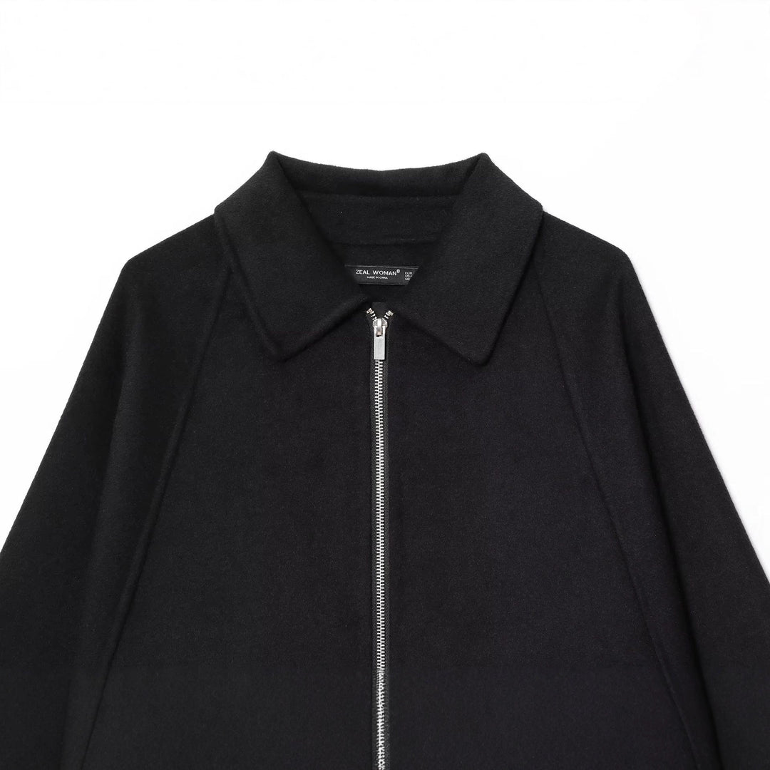 Damen kastiges Zip-Overshirt mit Hemdkragen, Raglanärmeln und verlängertem Saum – Célinea