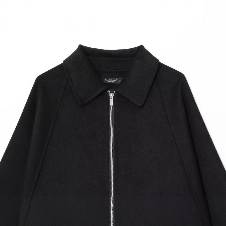 Damen kastiges Zip-Overshirt mit Hemdkragen, Raglanärmeln und verlängertem Saum – Célinea