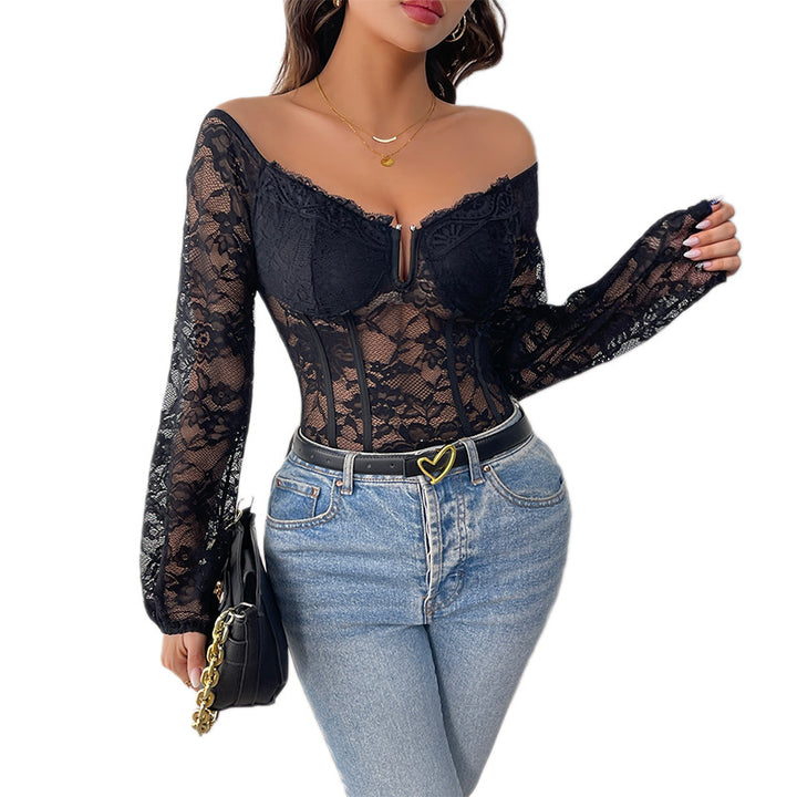 Damen Off-Shoulder Spitzen-Corsage-Body mit eingearbeiteten Stäbchen und transparenten Ärmeln Echoarchiv