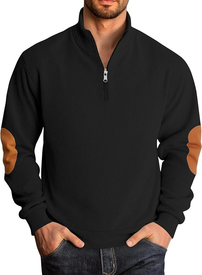 Herren Strickpullover mit modischem Stehkragen und kontrastrierenden Ellenbogenpatches Echoarchiv