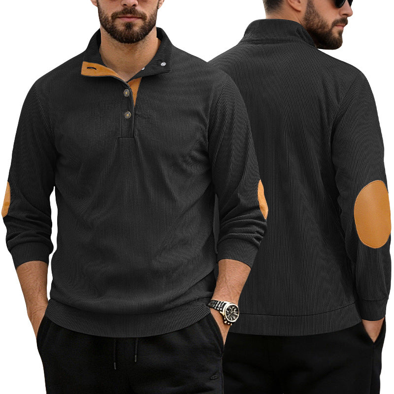 Herren nan lässiger Strukturpullover mit Polokragen, kurzer Knopfleiste und veganen Lederbesätzen Echo Archiv