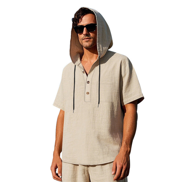 Herren lässiges Kapuzen-T-Shirt mit Knopfleiste und praktischer Brusttasche Echoarchiv