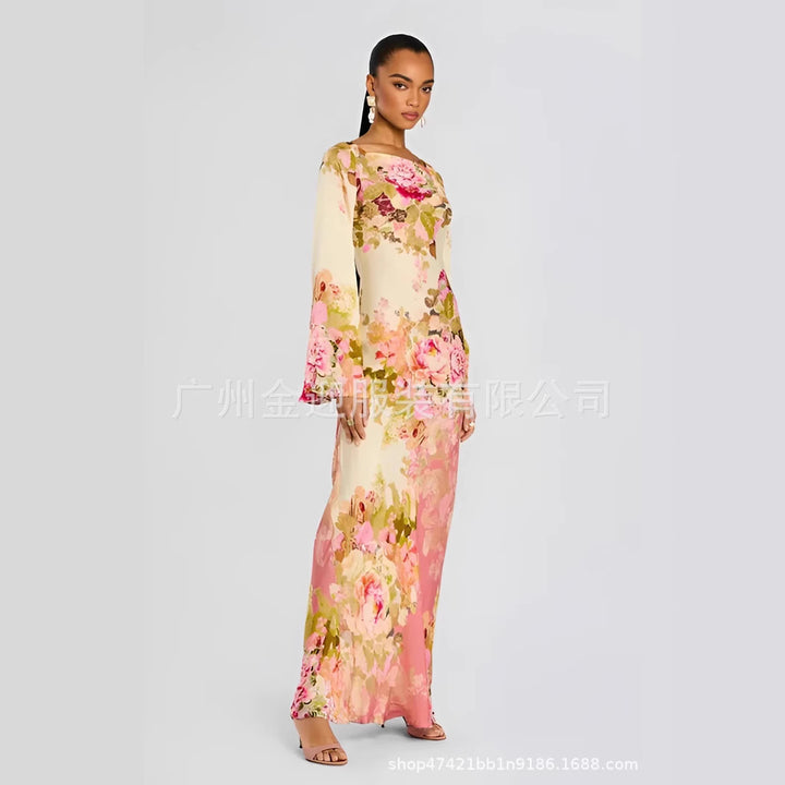 Frauen langen Abendkleid mit Trompetenärmeln und floralem Muster – Valéora