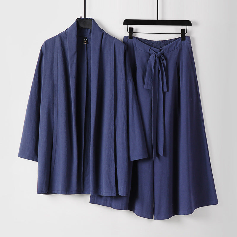Damen Zweiteiliges Lounge-Set im Kimono-Stil mit offenem Schalkragen und weitem Palazzo-Hosenrock Echoarchiv